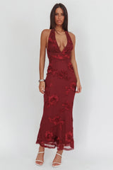 Cipriana Backless Halter Maxi Dress Embellished Wine