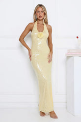 Shimmering Secrets Sequin Halter Maxi Dress Yellow