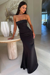 Ophelia Strapless Embellished Satin Maxi Dress - Black