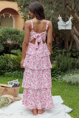 Provence Bloom Tiered Midi Dress Floral Pink
