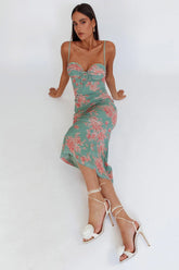 Fortune Lace Trim Mesh Midi Dress Green