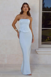 Golden Isle Strapless Satin Maxi Dress Blue