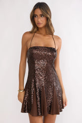 Belora Halterneck Godet Hem Mini Dress Dk Brown