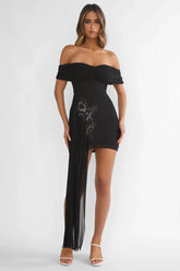 Dahlisse Off-Shoulder Sash Mini Dress Black