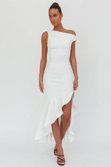 Lights On One-Shoulder Ruffle Hem Maxi Dress White