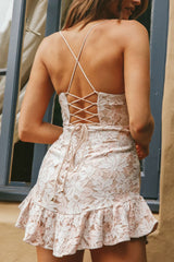 Make Memories Molded Bust Lace-Up Back Lace Mini Dress White/Beige