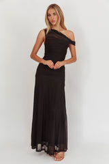 Lylah Asymmetric Neckline Mesh Maxi Dress Black