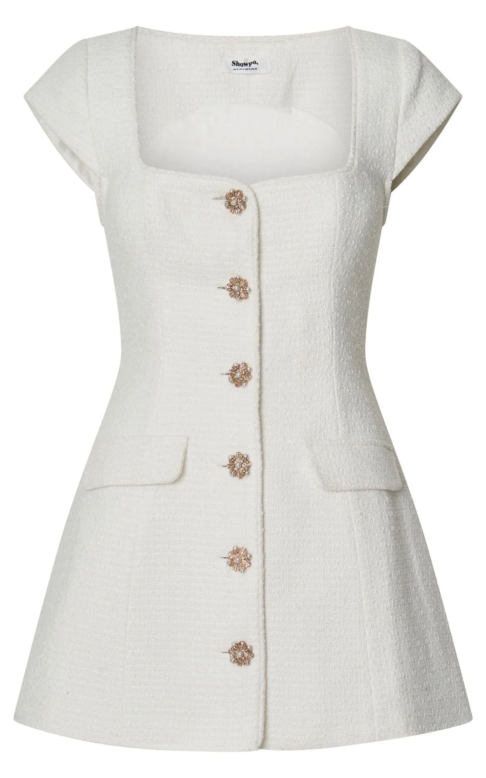 Patsy Mini Dress - Boucle Cap Sleeve Button Front Fitted Dress in White