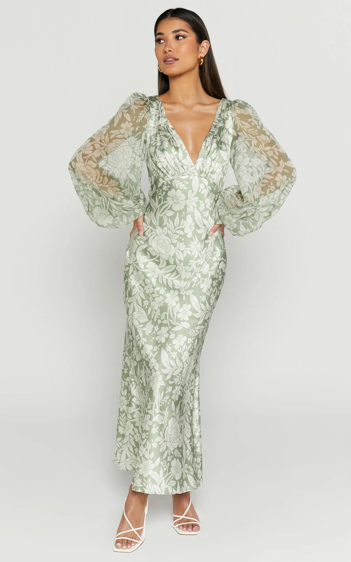 Freollyn Midi Dress - Deep V Neck Long Sleeve Dress in Sage