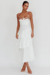Rose Garden Tiered Ruffle Floral Trim Maxi Dress White