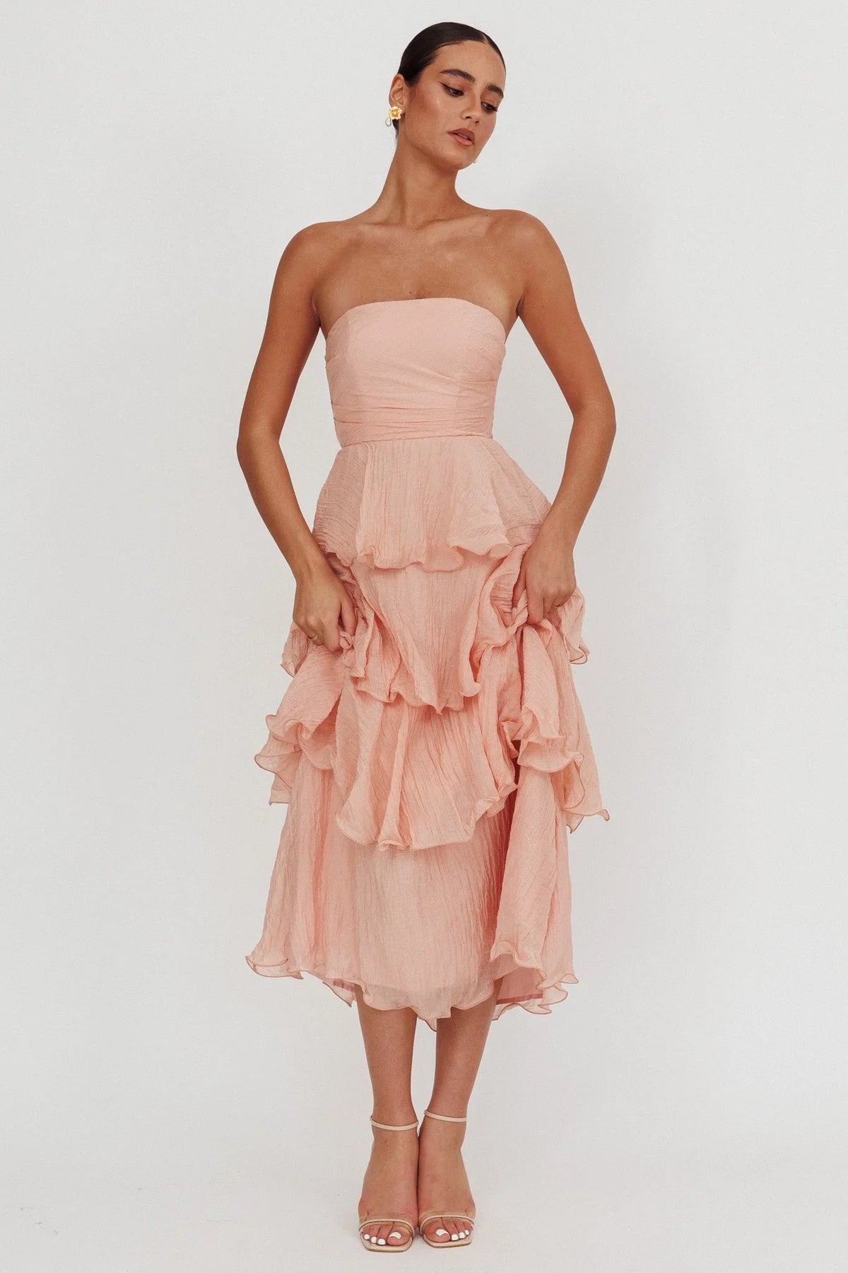 Giavana Strapless Layered Midi Dress Peach