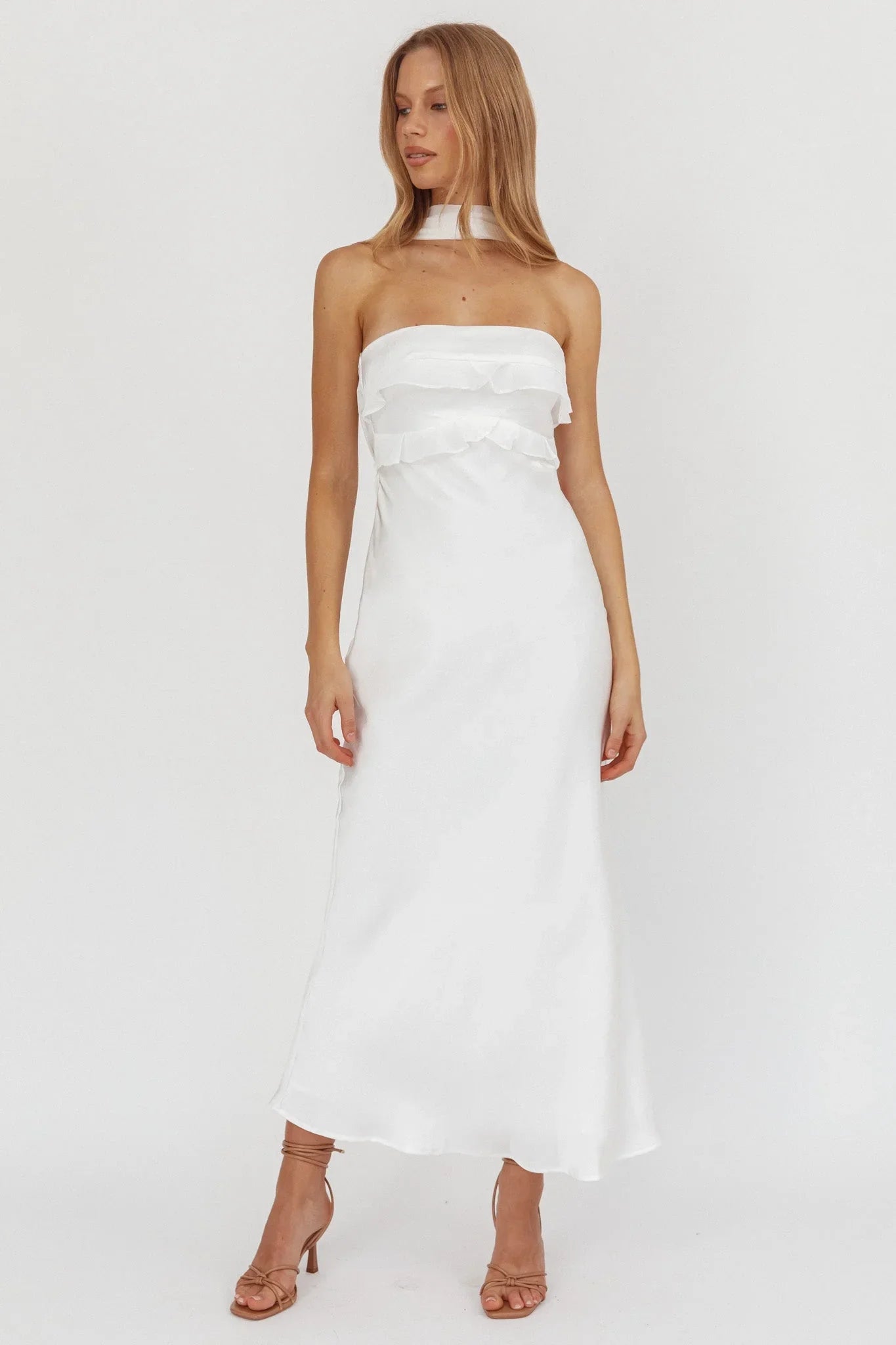Damsel Reverse Halter Frill Trim Maxi Dress White