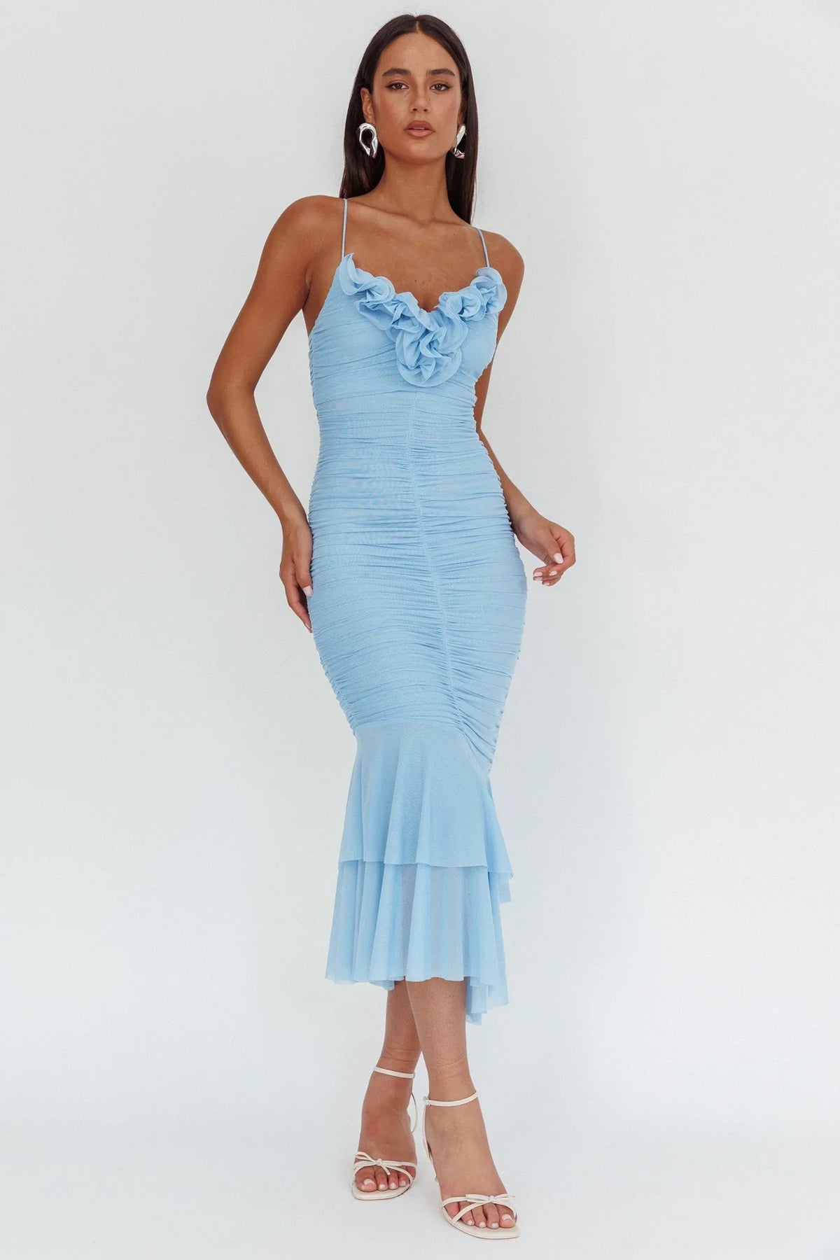 Nadia Ruffle Neckline Ruched Midi Dress Blue