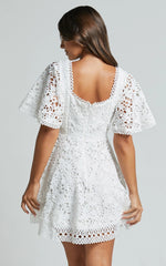 Marisole Mini Dress - A Line Flutter Sleeve Lace Dress in White
