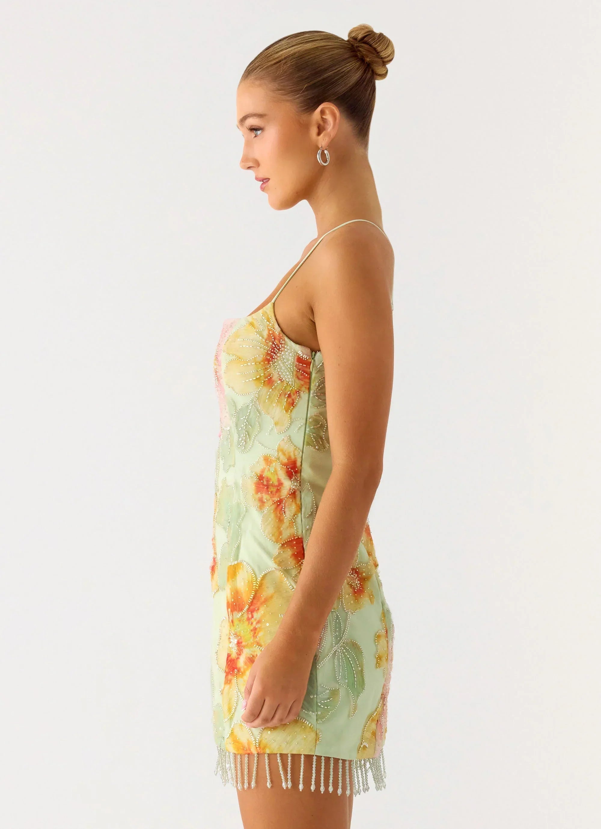 Gatiana Beaded Sequin Mini Dress - Green Floral Beaded