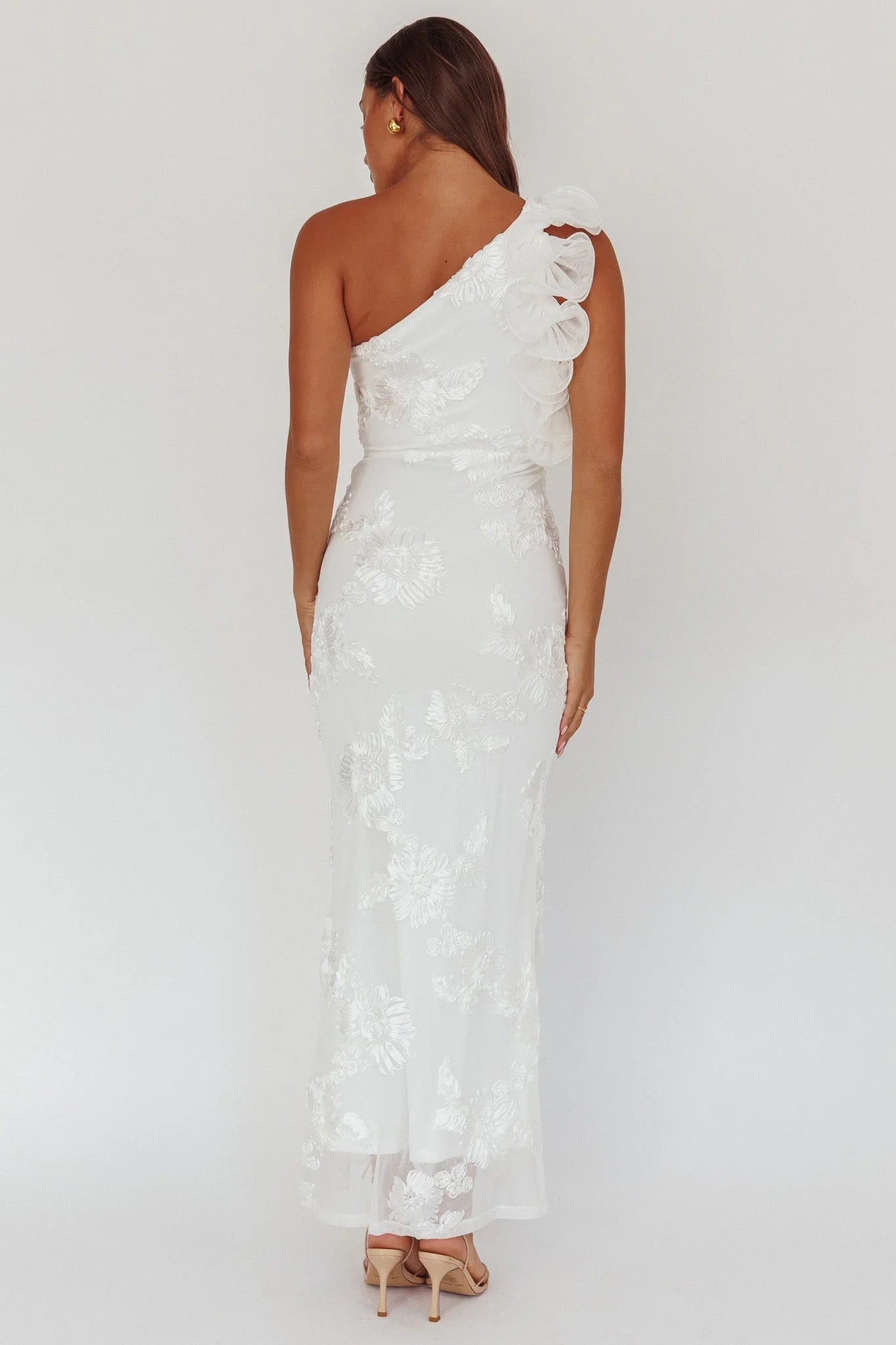 Deanna One-Shoulder Ruffle Maxi Dress Floral Texture White