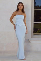 Golden Isle Strapless Satin Maxi Dress Blue