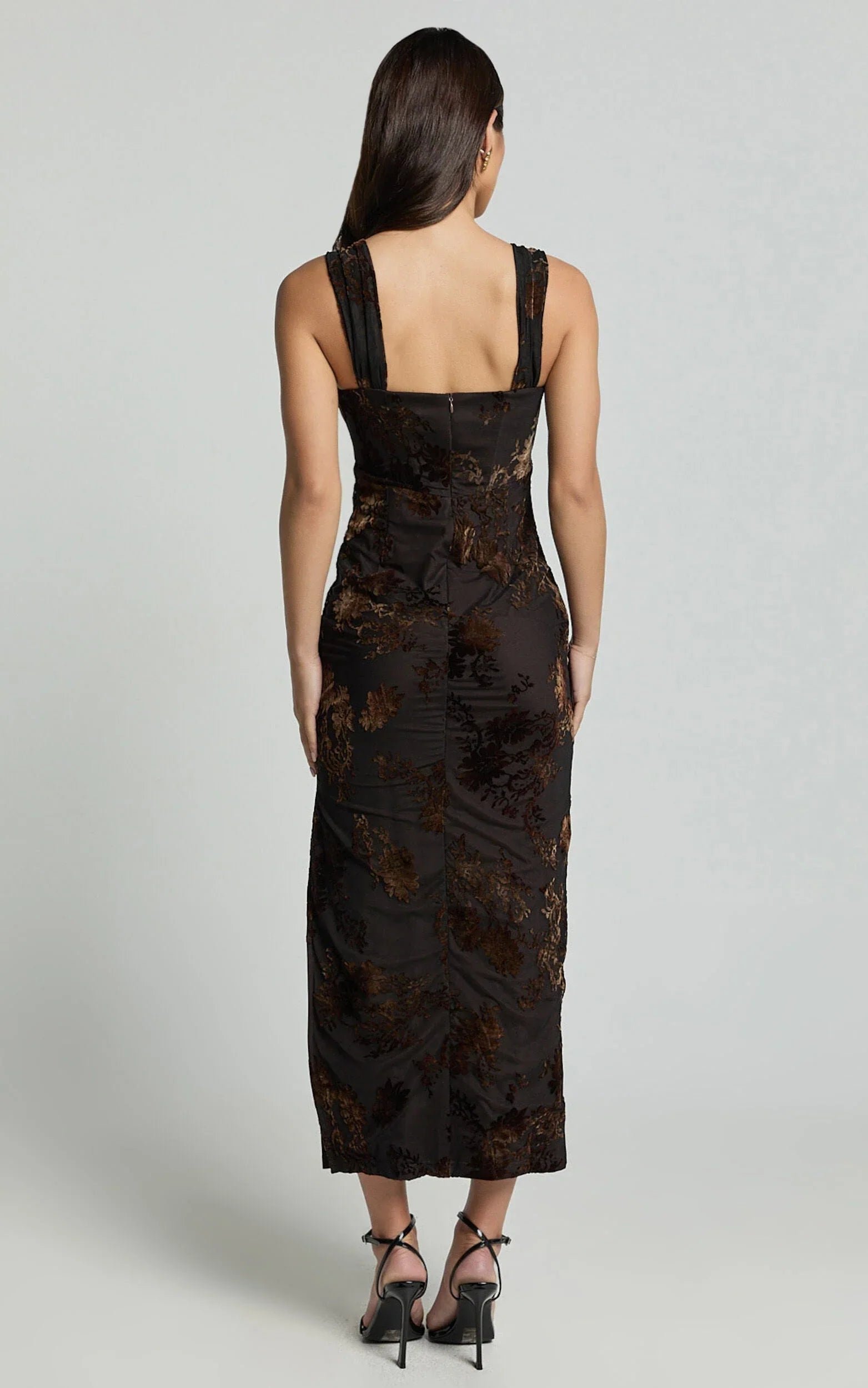 Karlene Midi Dress - Ruched Corset Burnout Dress in Black and Brown