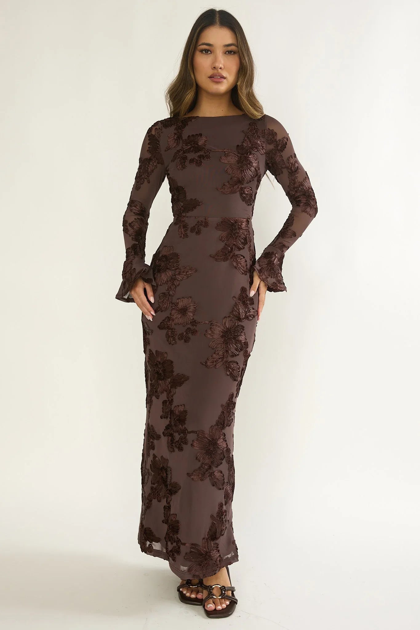Helsi Long Sleeve Embellished Maxi Dress Brown