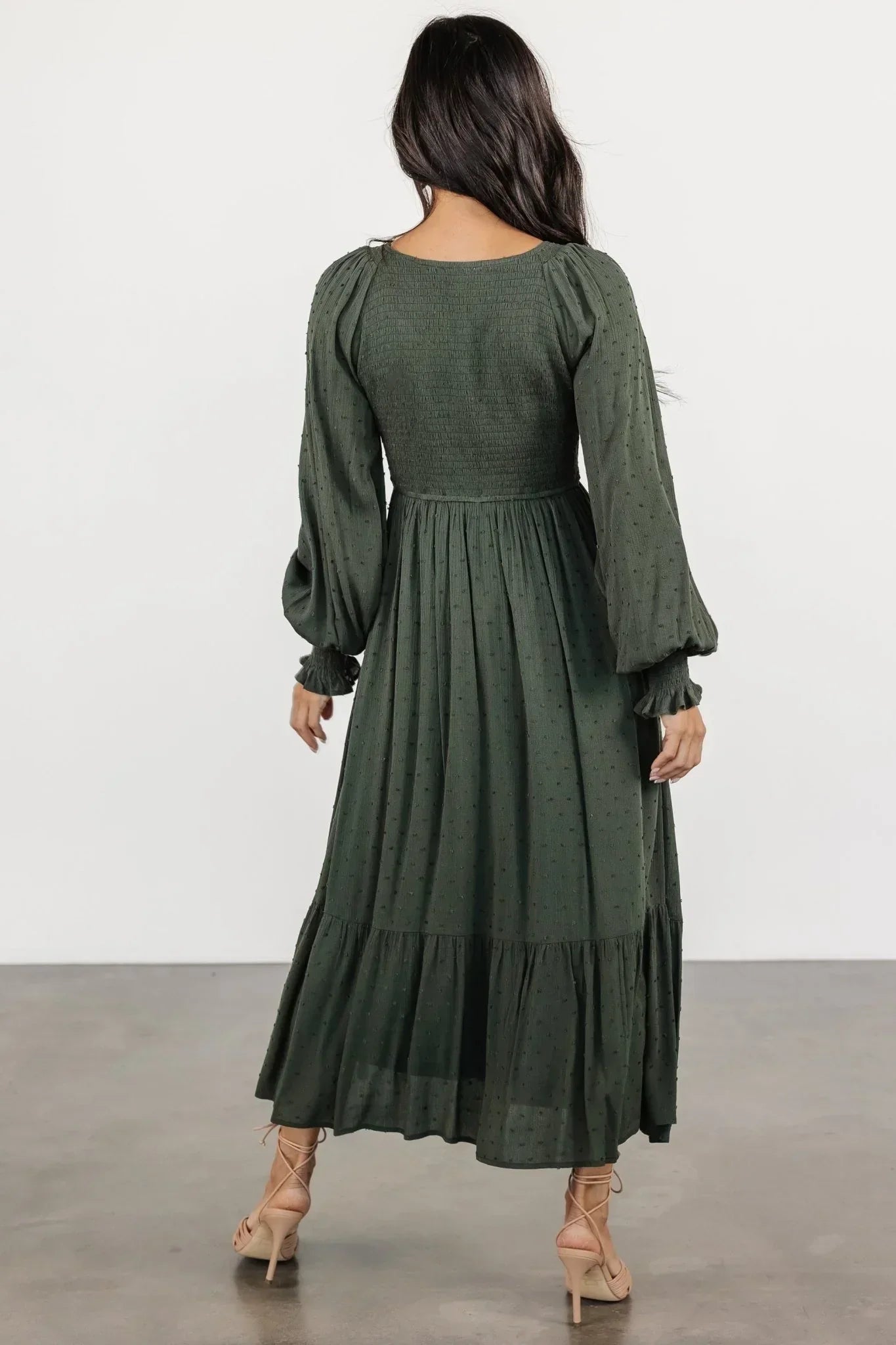 Lainey Smocked Dotted Midi Dress | Deep Olive