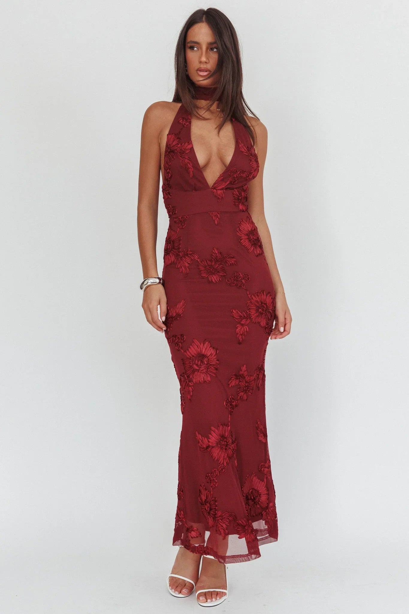 Cipriana Backless Halter Maxi Dress Embellished Wine