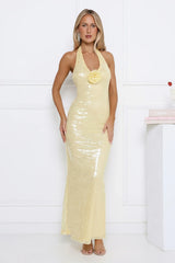 Shimmering Secrets Sequin Halter Maxi Dress Yellow