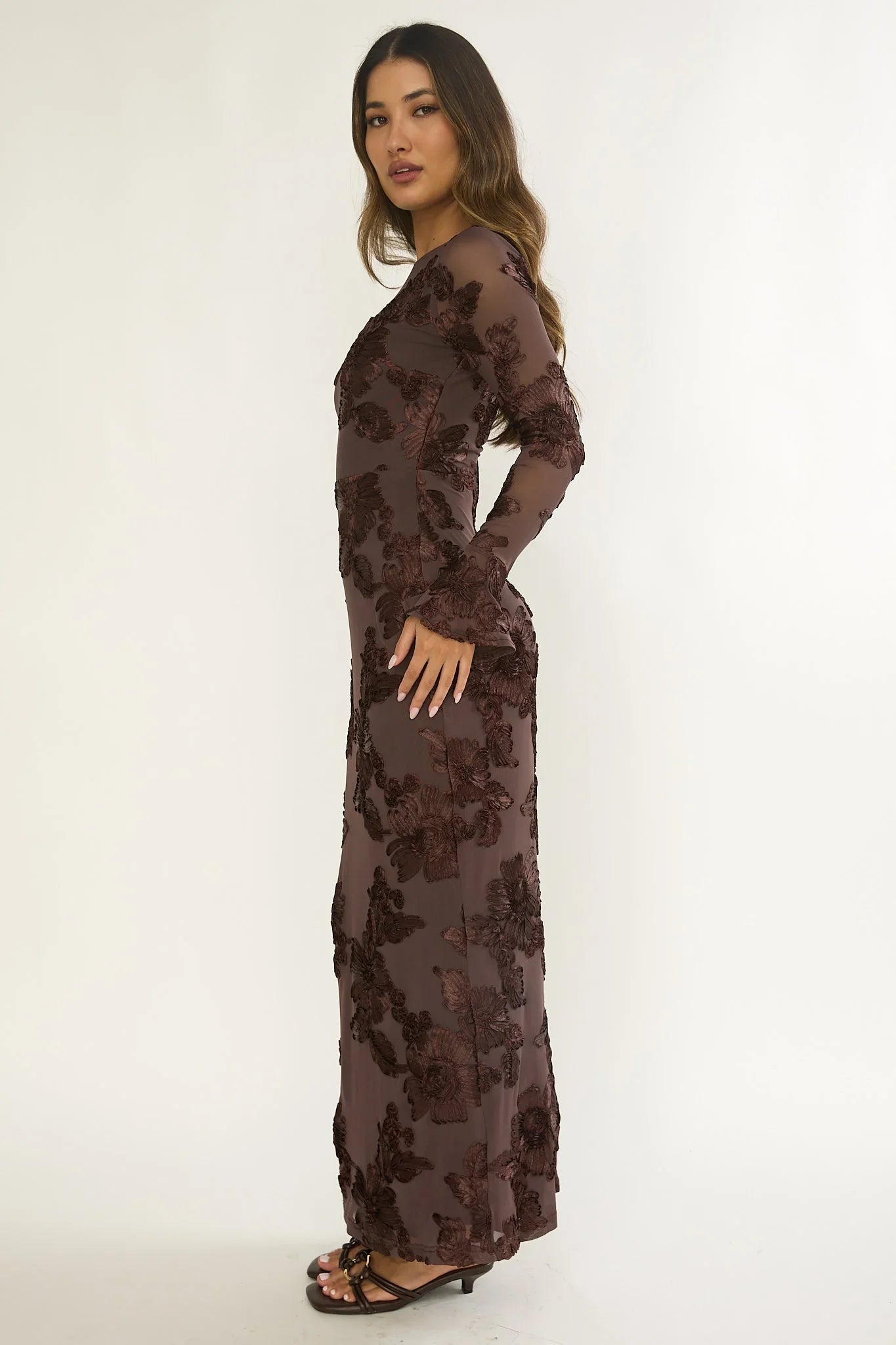 Helsi Long Sleeve Embellished Maxi Dress Brown