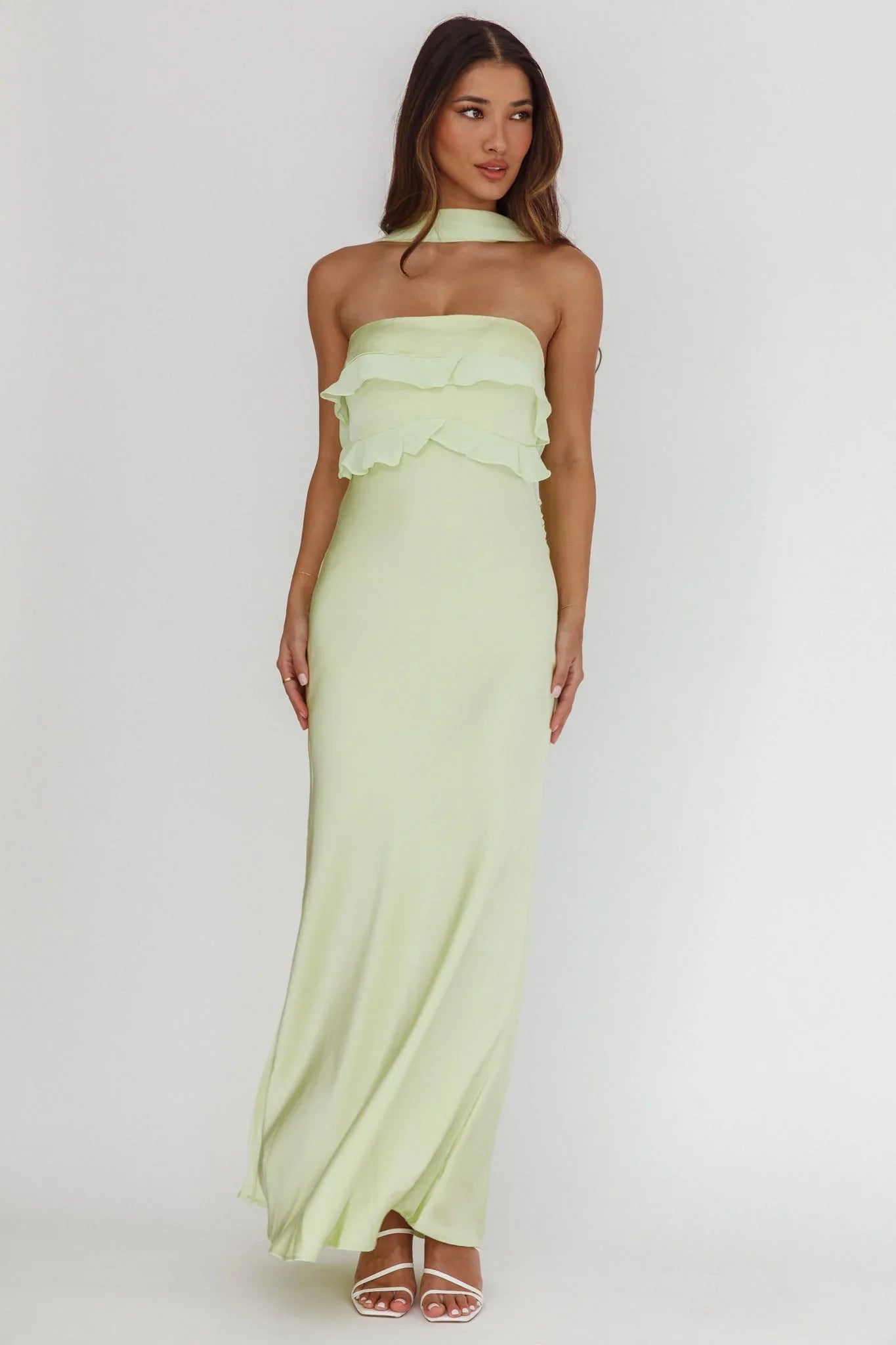 Damsel Reverse Halter Frill Trim Maxi Dress Sage
