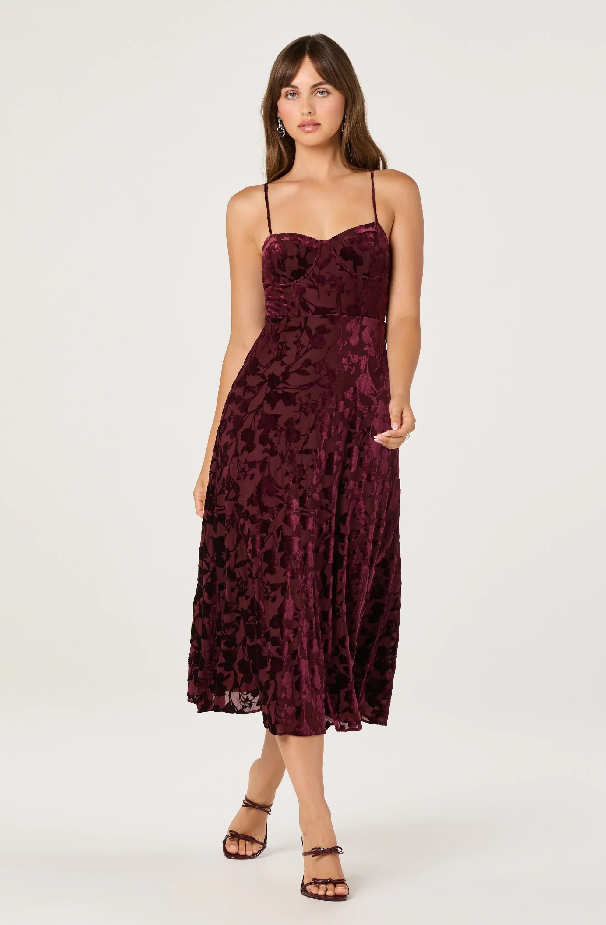 Velvet Floral Burnout Bustier Midi Dress