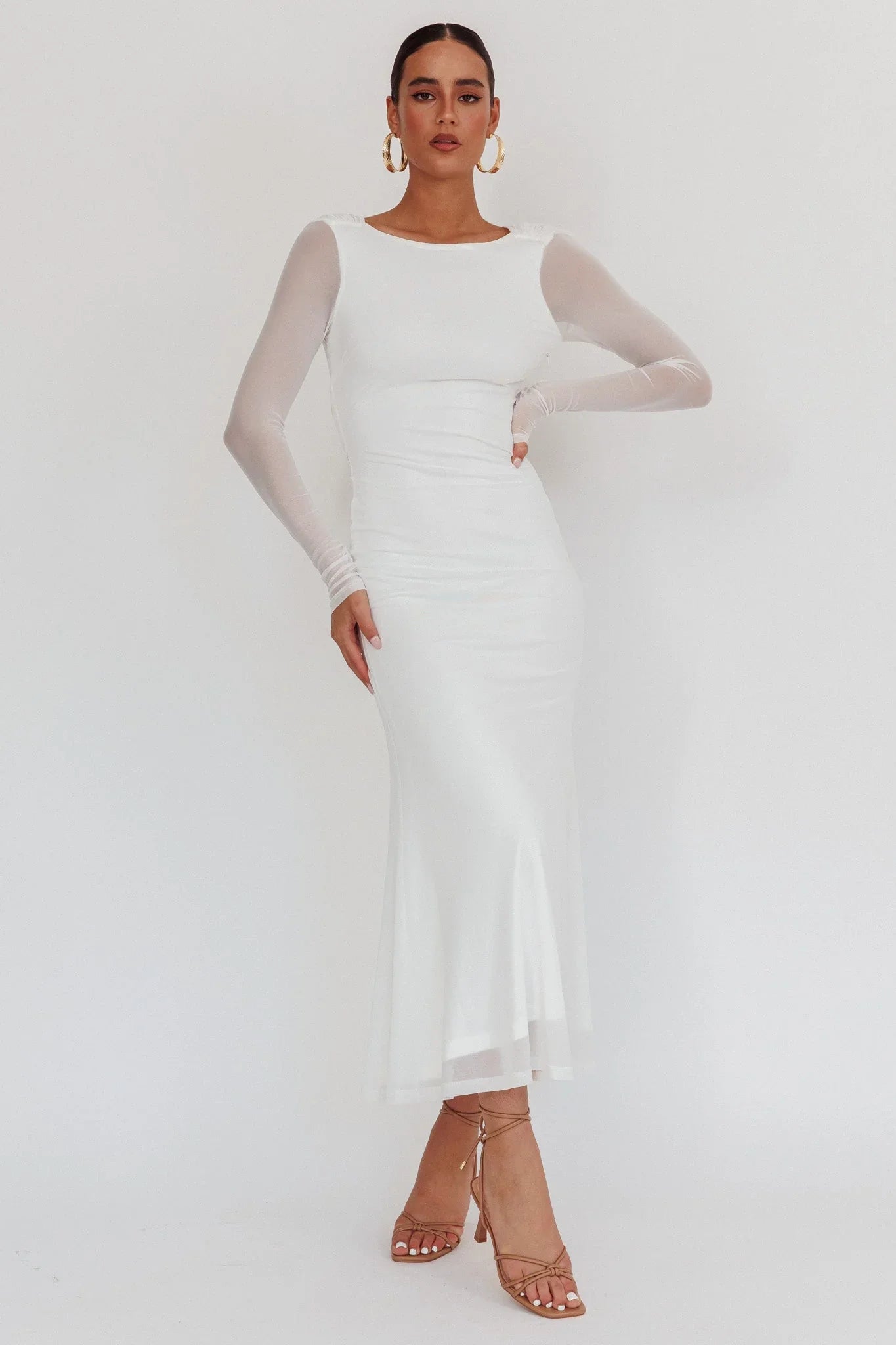 Lustre Open Back Mesh Maxi Dress White