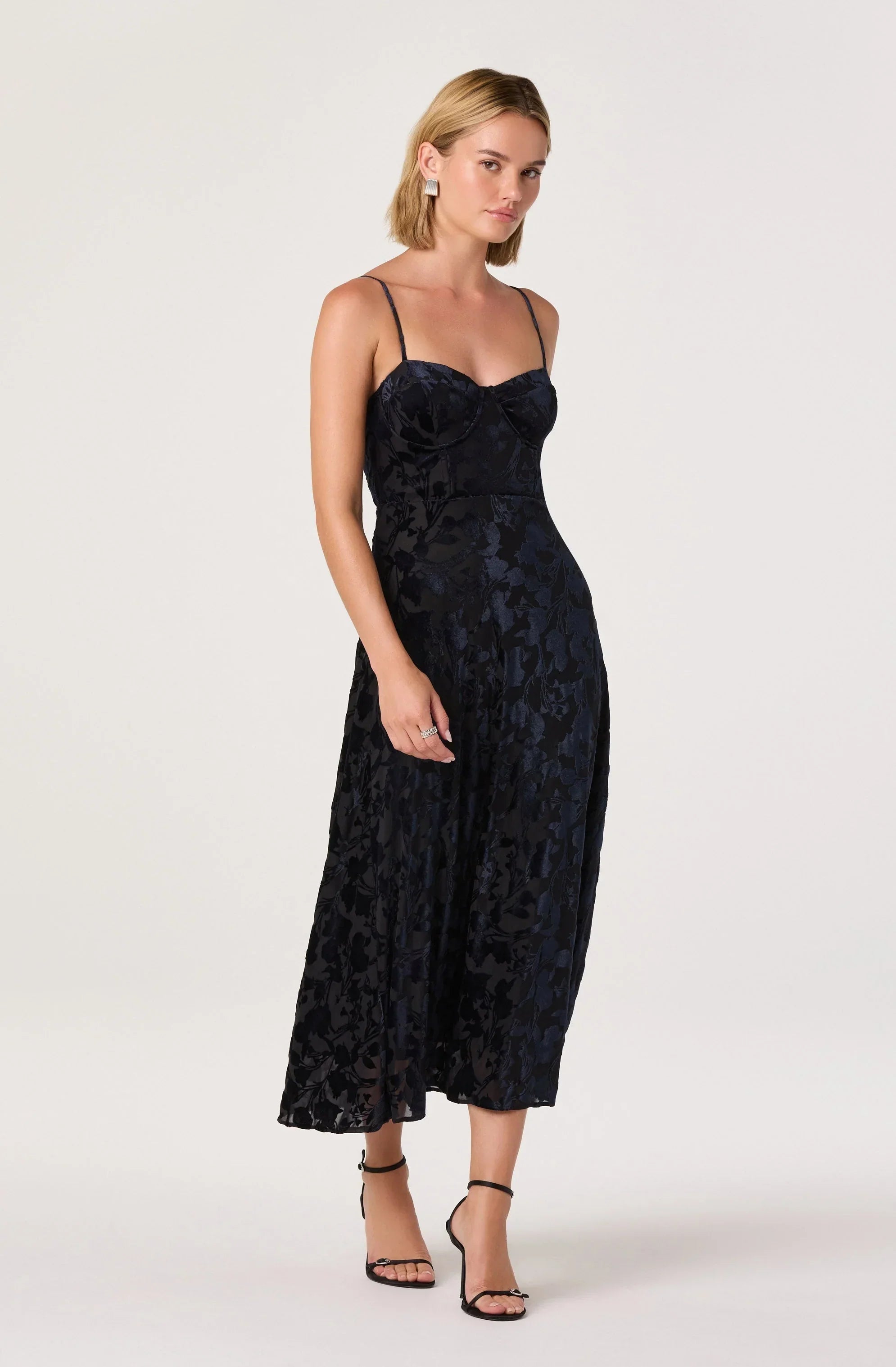 Velvet Floral Burnout Bustier Midi Dress