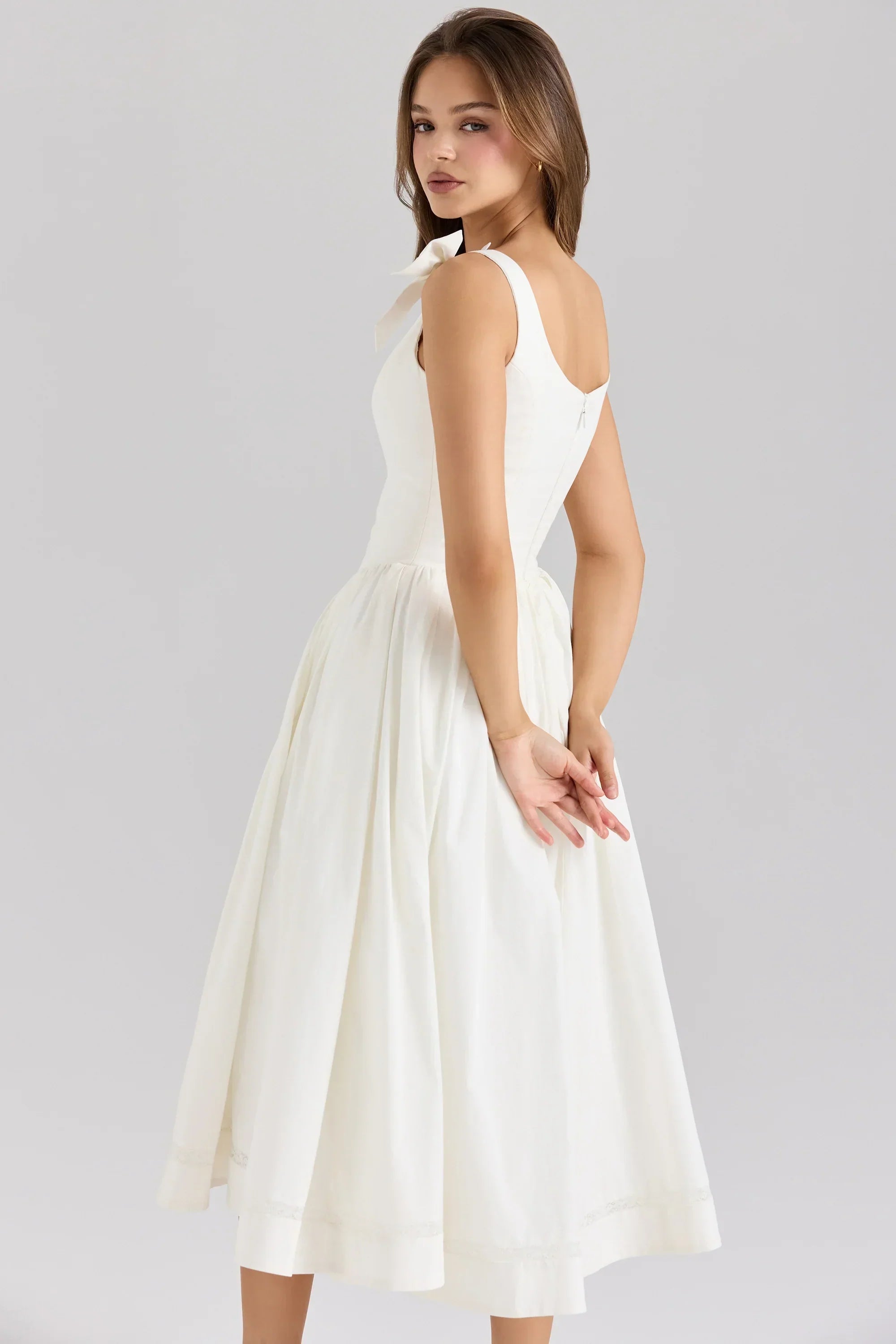 White Stretch Cotton Bow Midi Dress