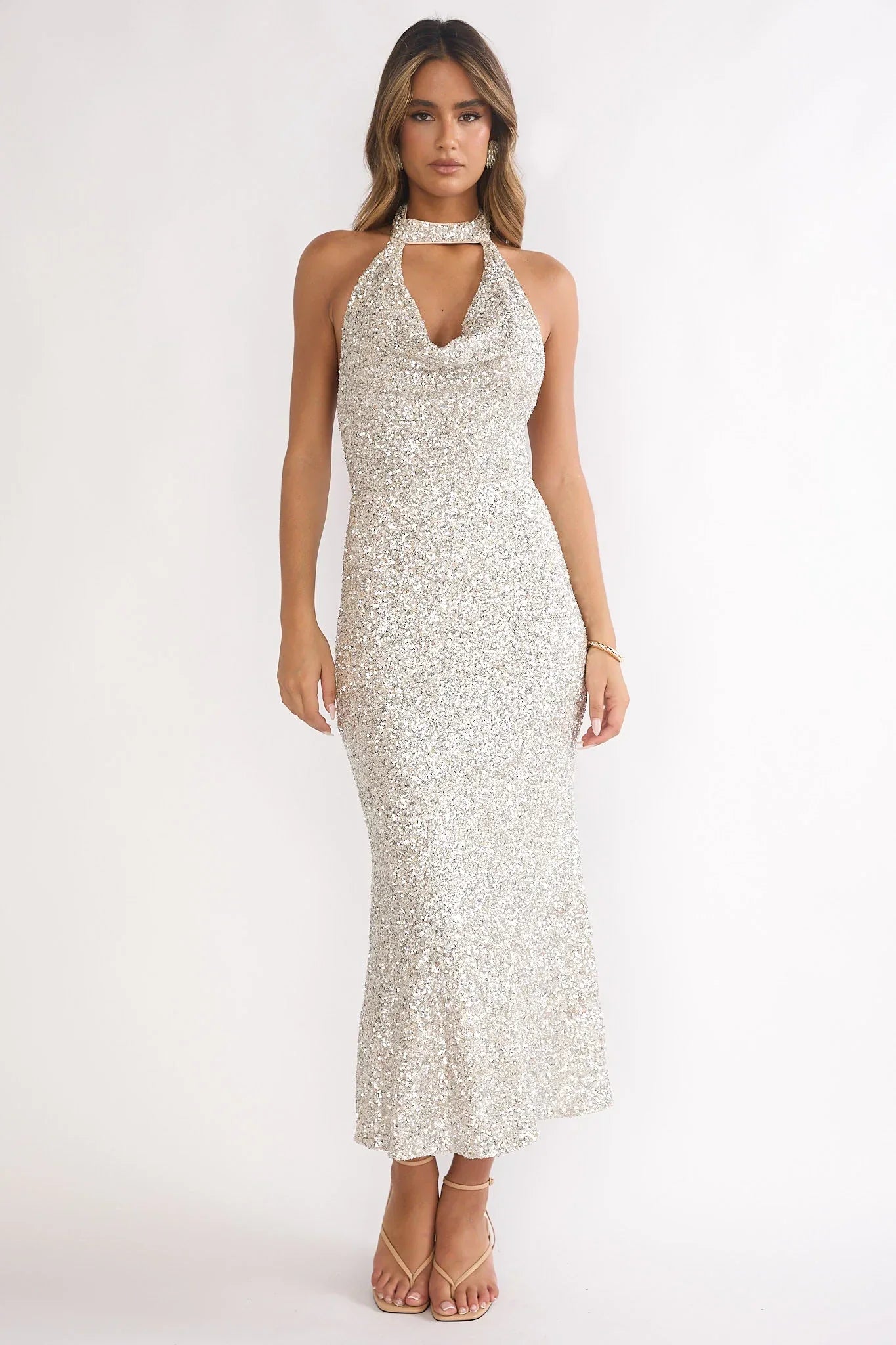 Sky Of Diamonds Backless Midi Dress Sequin Silver