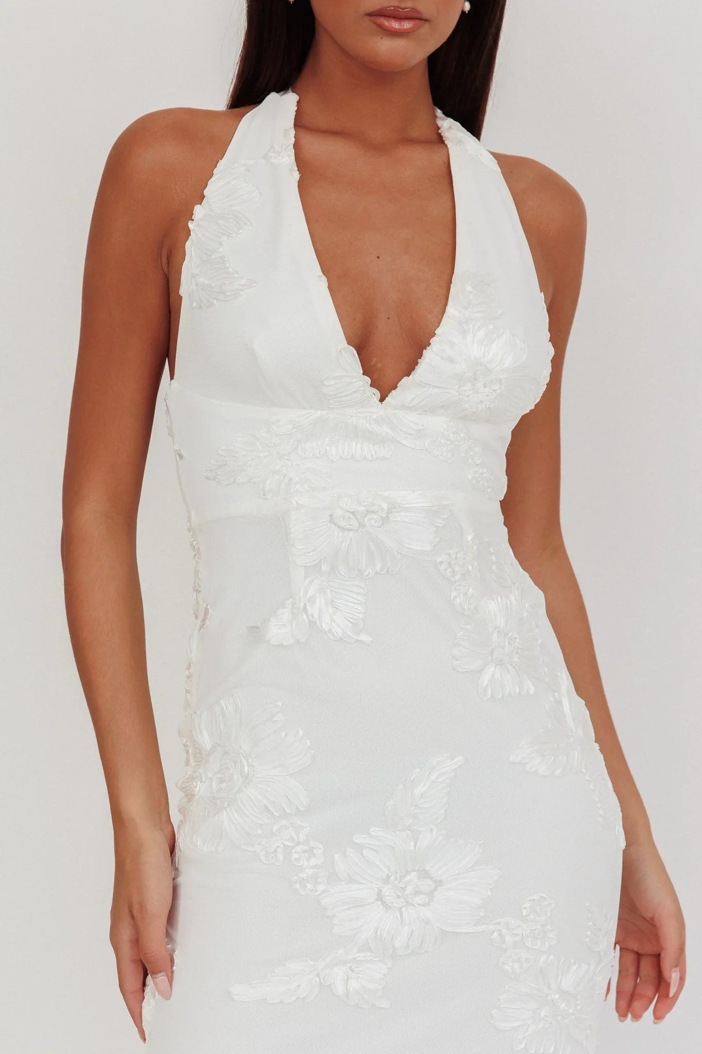 Cipriana Backless Halter Maxi Dress Embellished White