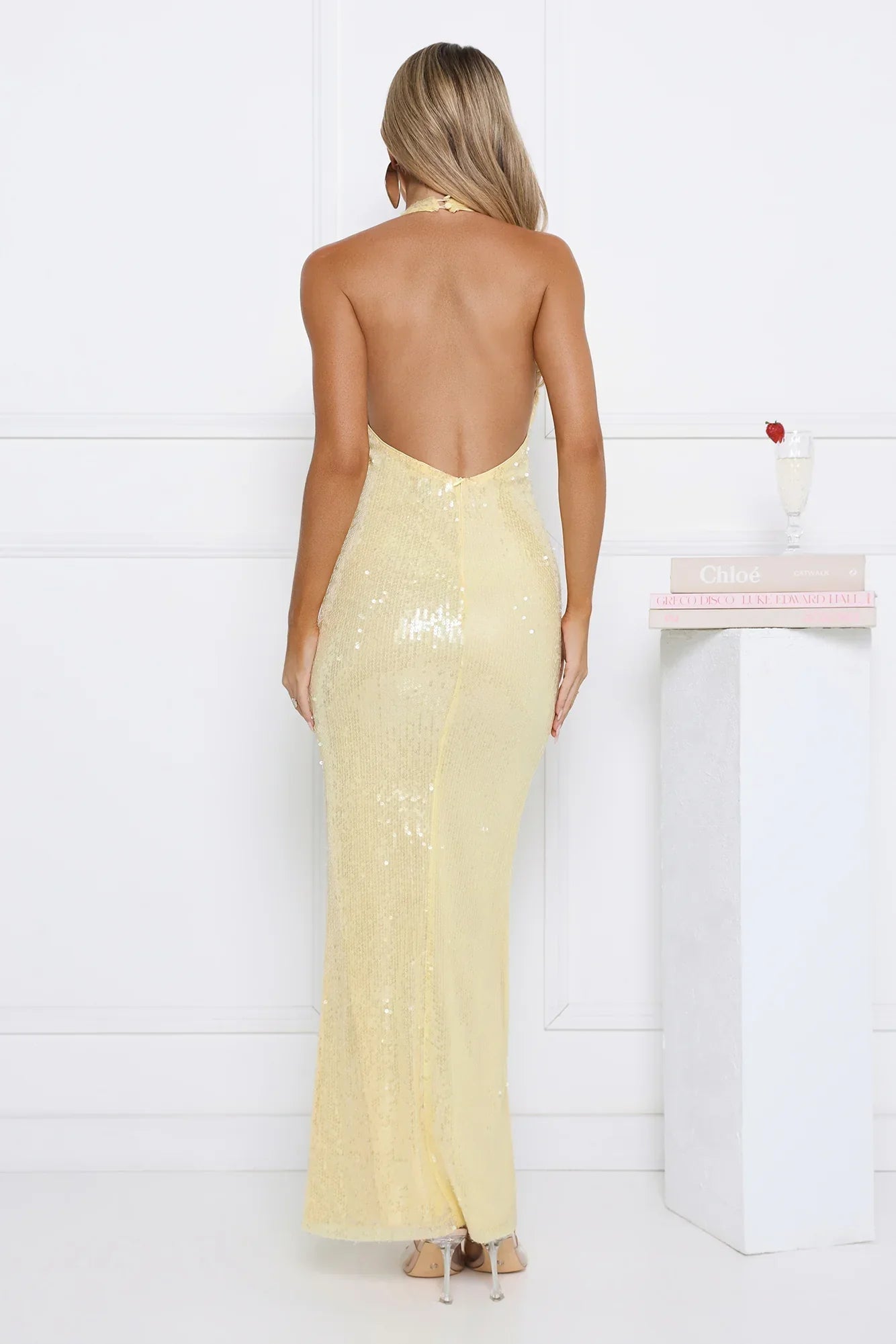 Shimmering Secrets Sequin Halter Maxi Dress Yellow