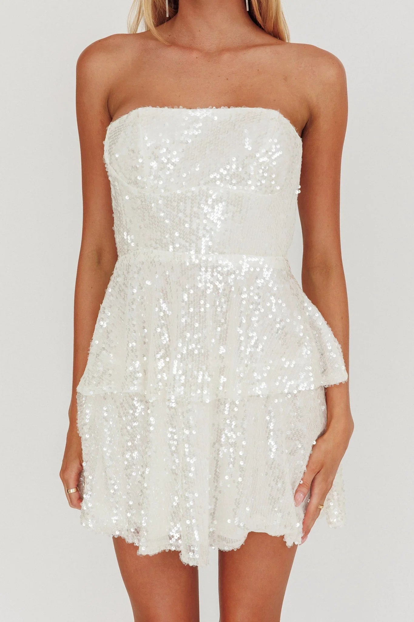 Provence Bloom Tiered Sequin Mini Dress White