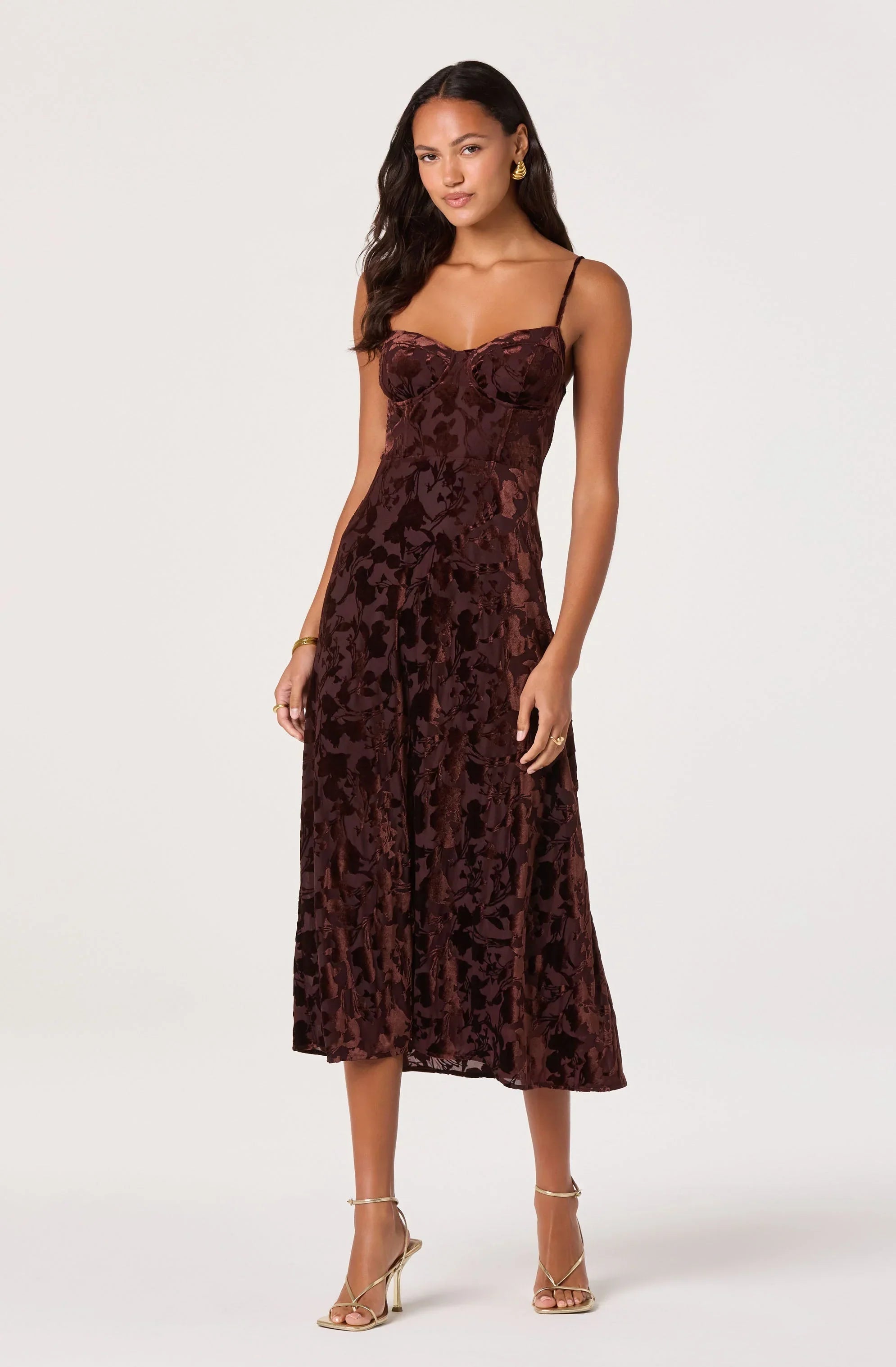 Velvet Floral Burnout Bustier Midi Dress