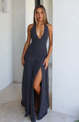 Sweet Temptation Halter Maxi Dress Black/ White Polka Dot