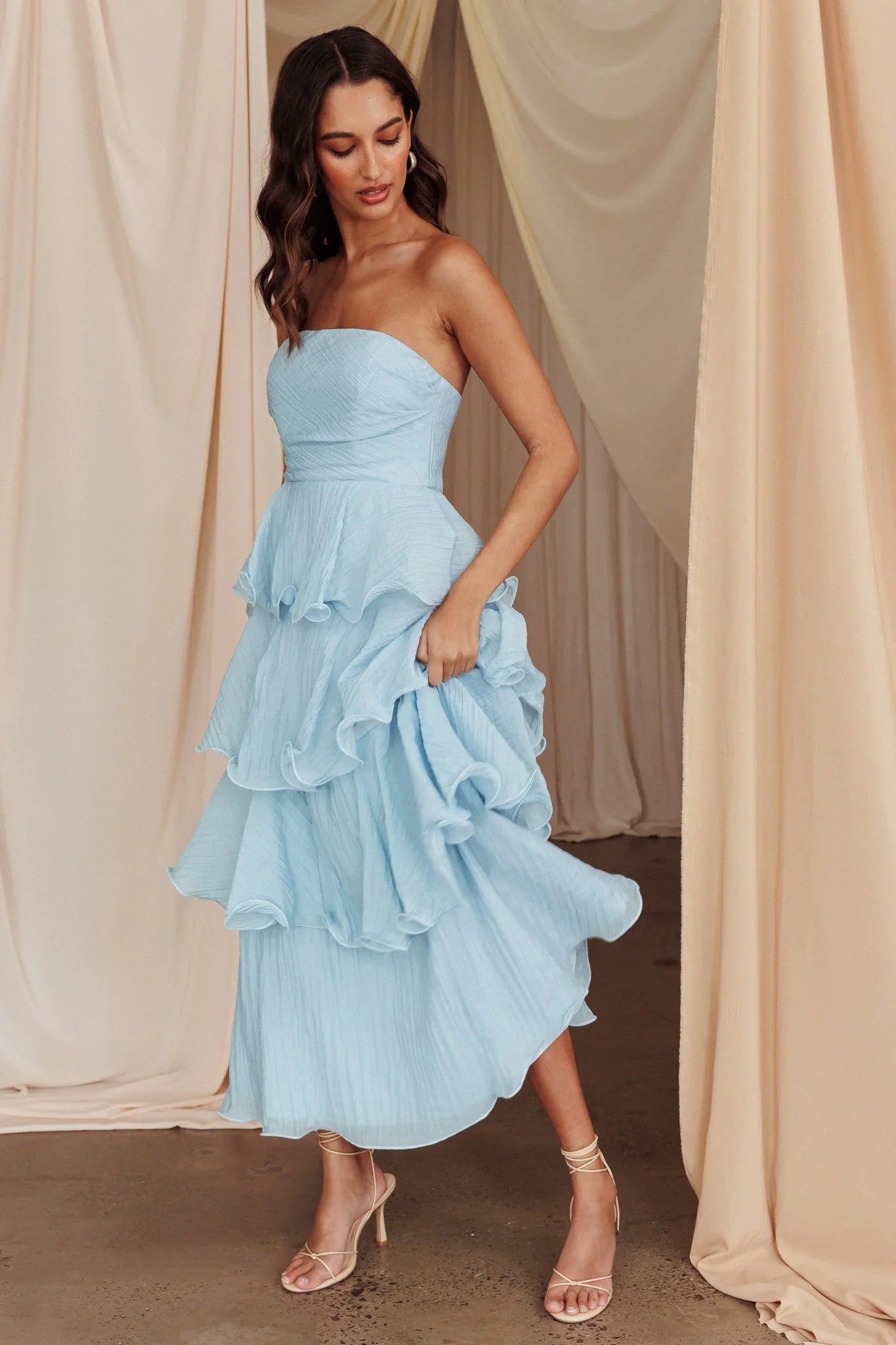 Giavana Strapless Layered Midi Dress Pale Blue