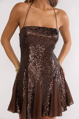 Belora Halterneck Godet Hem Mini Dress Dk Brown