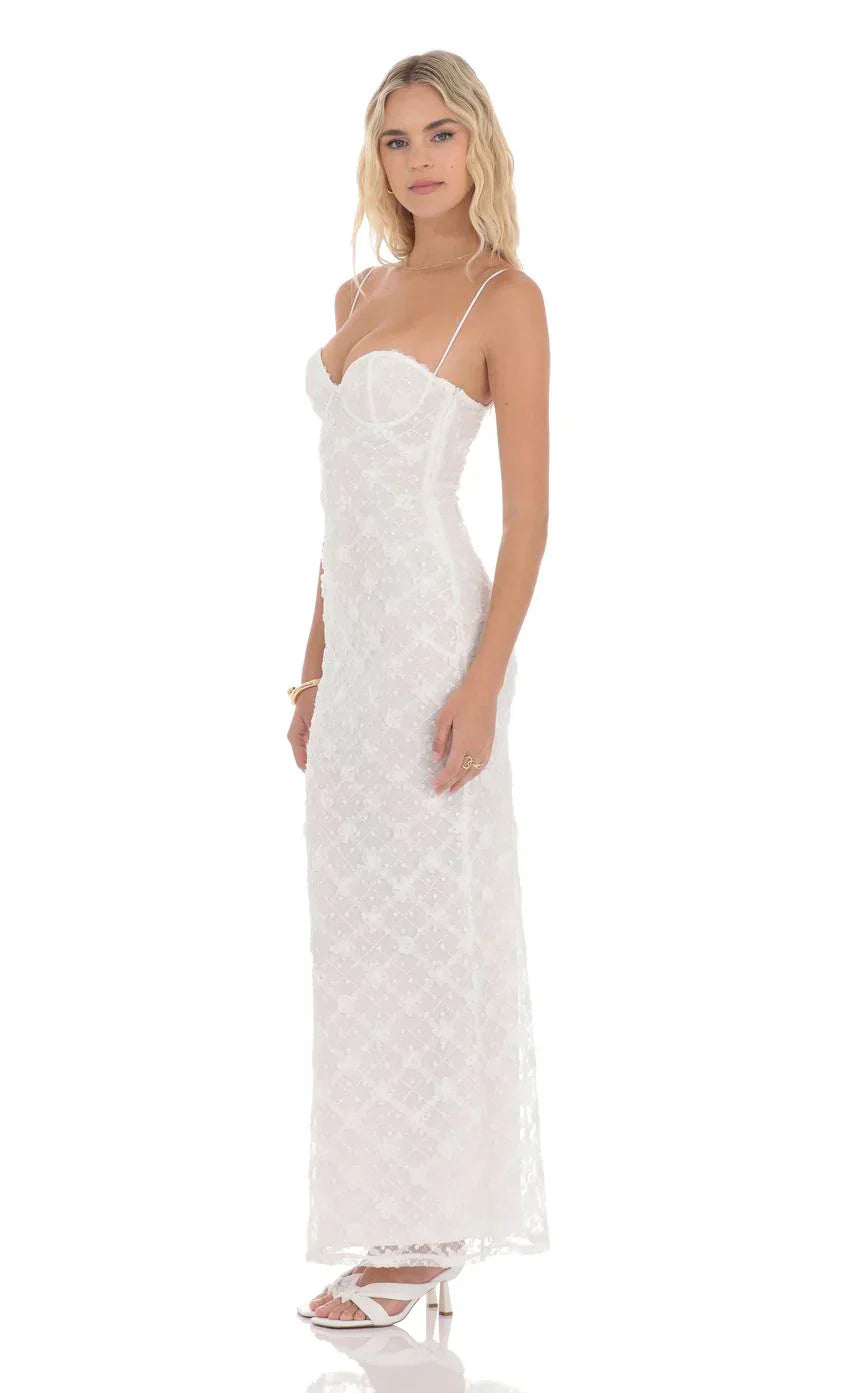Sequin Floral Maxi Dress in White