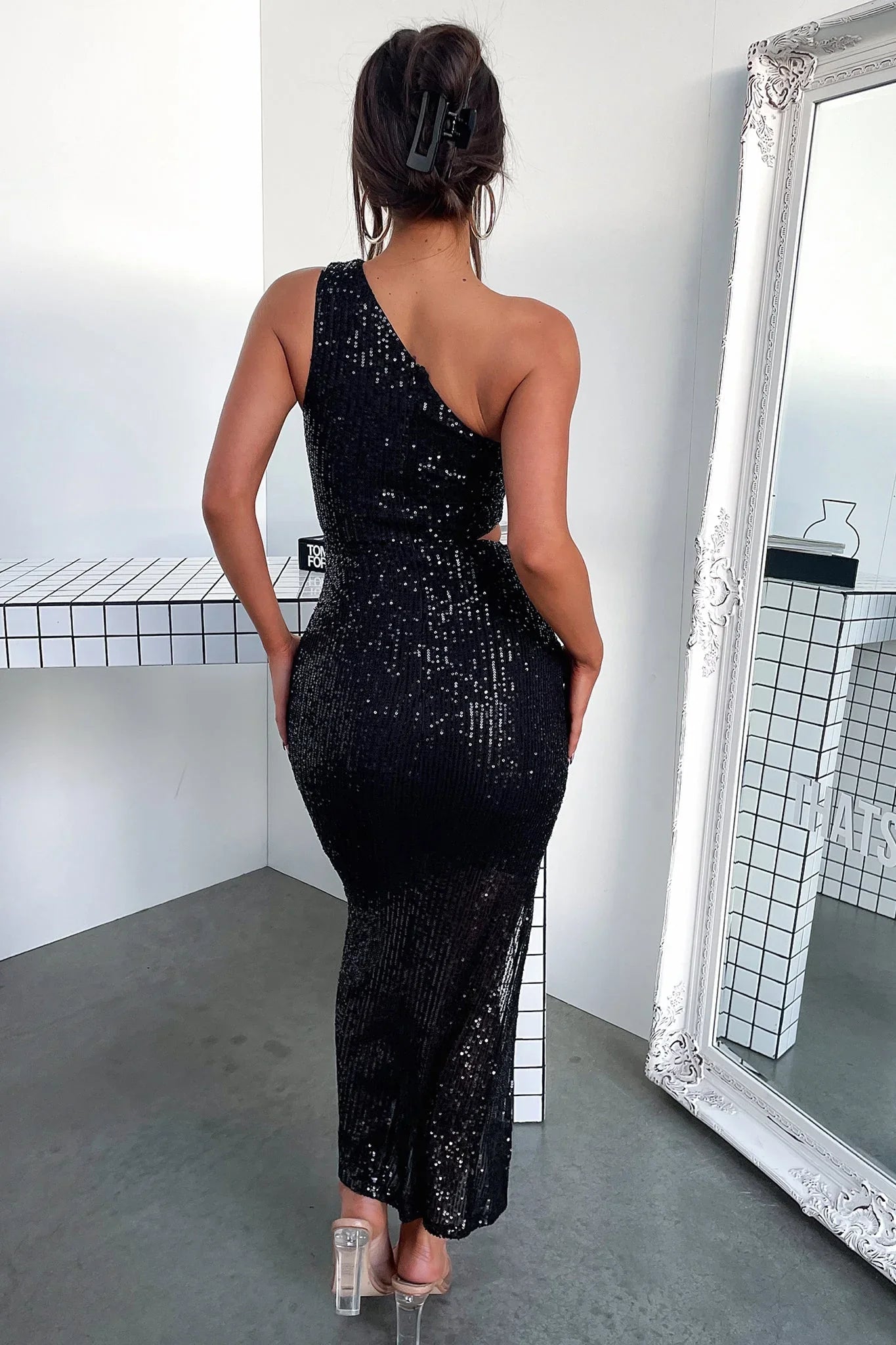 Dura One Shoulder Sequin Midi Dress - Black Sequin