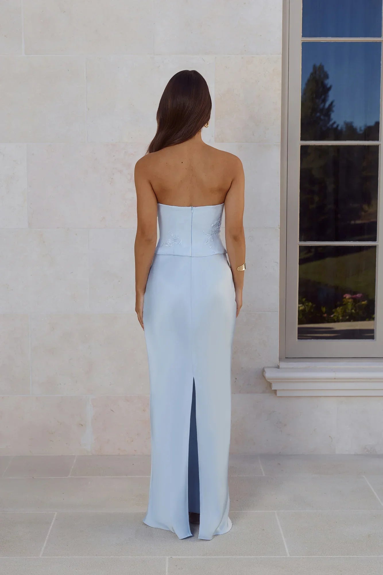 Golden Isle Strapless Satin Maxi Dress Blue