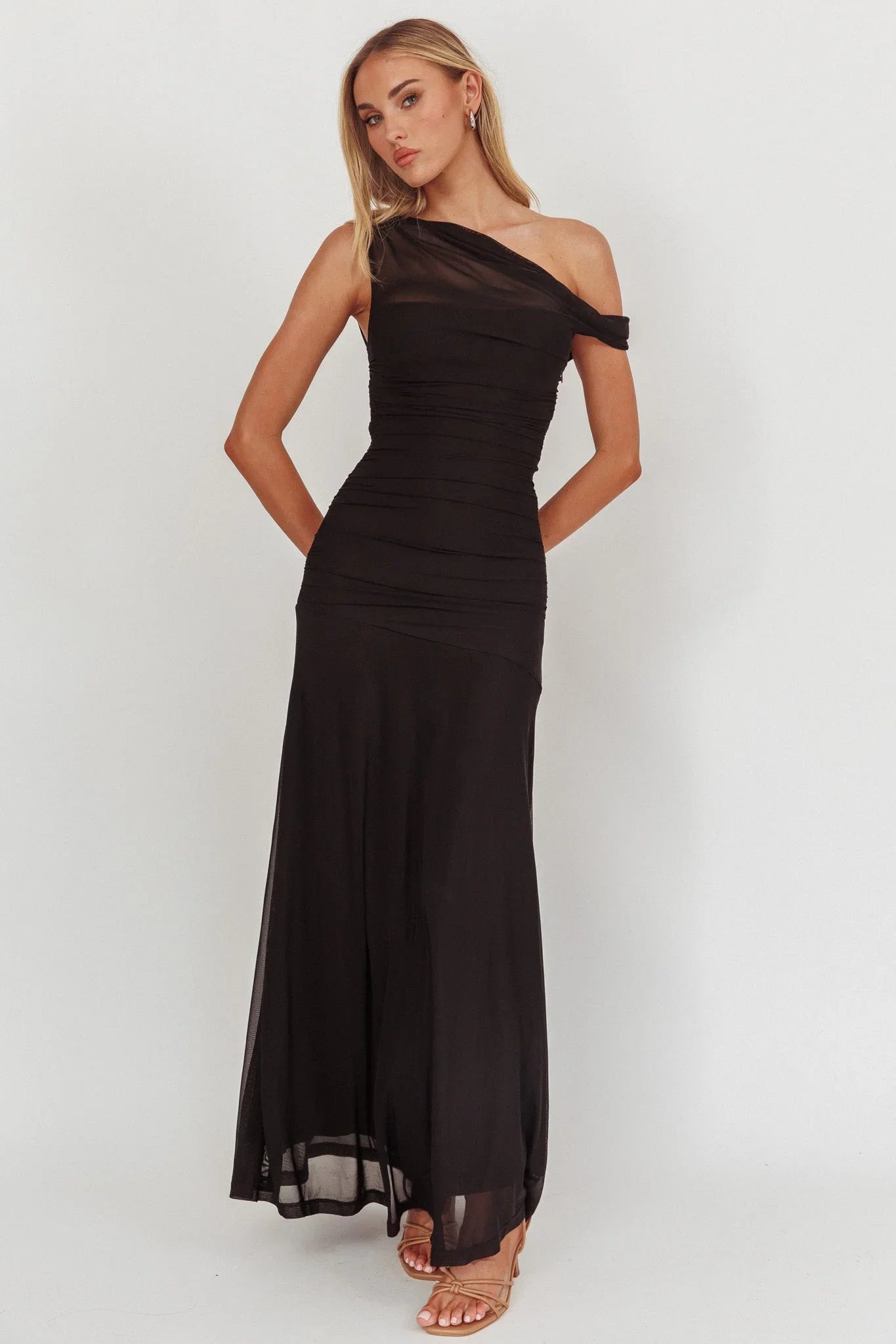 Lylah Asymmetric Neckline Mesh Maxi Dress Black