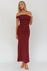 In Blooms Off Shoulder Mesh Midi Dress Wine