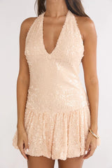 Luna Bloom Bubble Hem Mini Dress Sequin Champagne