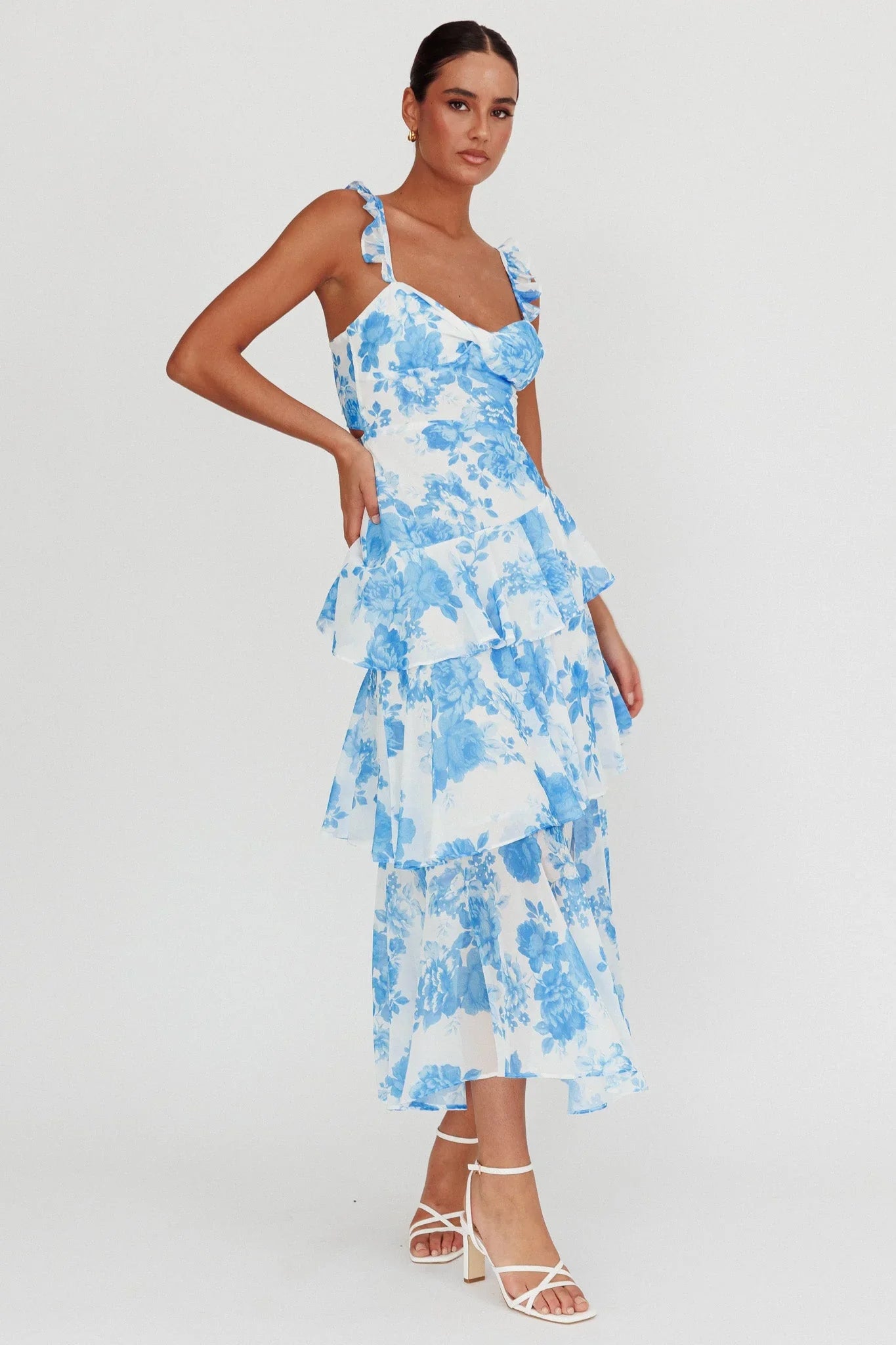 Veda Ruffle Strap Split Maxi Dress Floral White/Blue