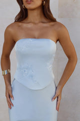 Golden Isle Strapless Satin Maxi Dress Blue