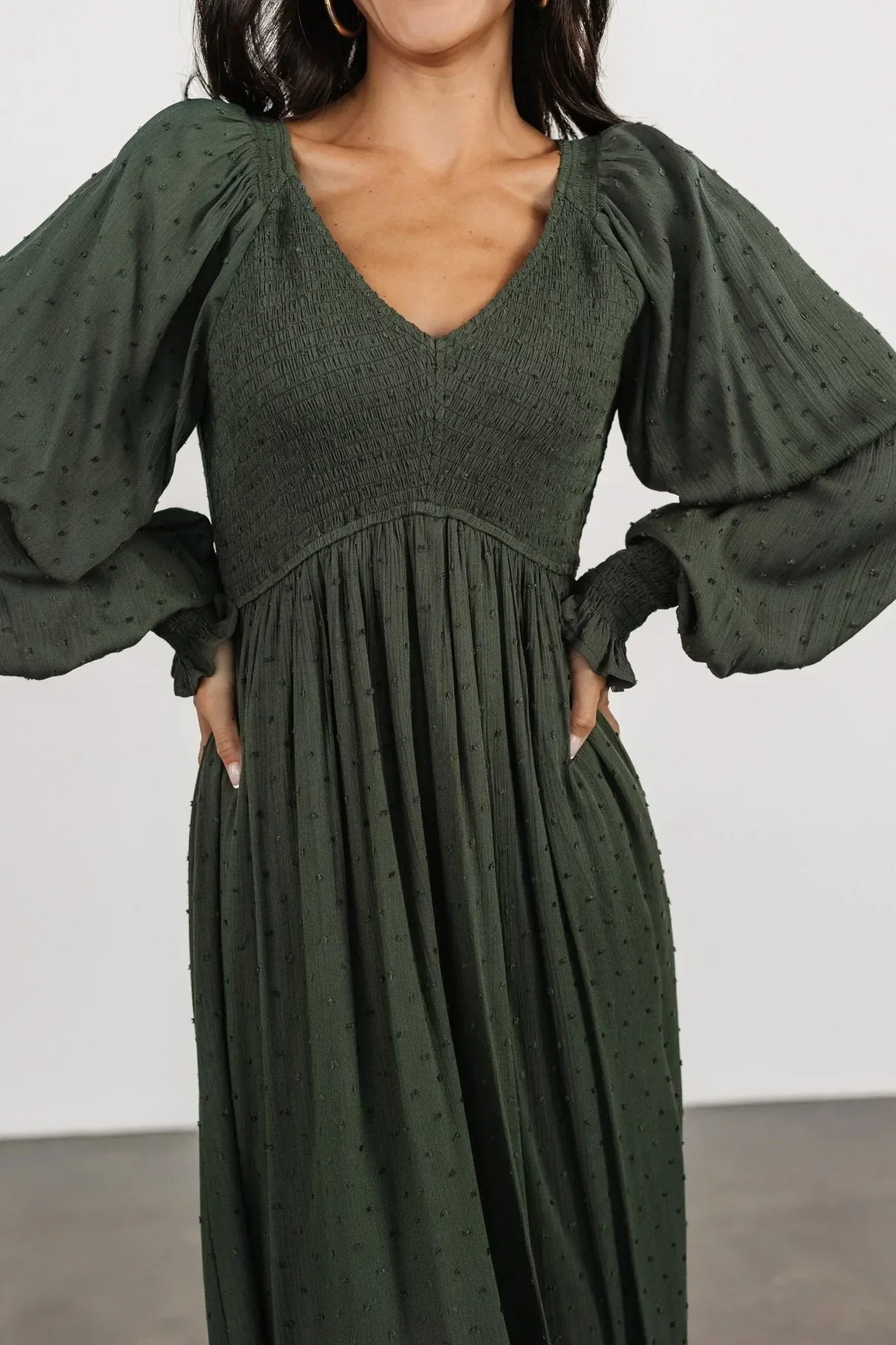 Lainey Smocked Dotted Midi Dress | Deep Olive