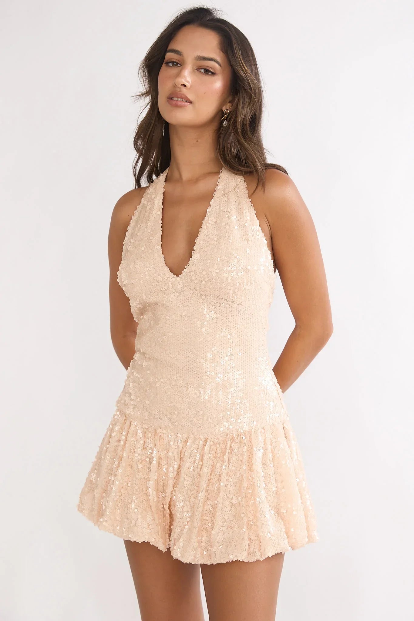 Luna Bloom Bubble Hem Mini Dress Sequin Champagne